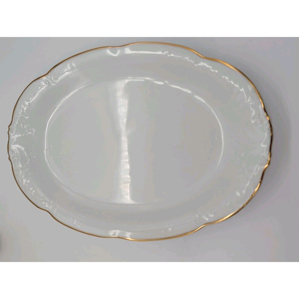 Royal Kent White Oval Serving Platter VTG 13" X 9" Raised Scrolls Gold Poland